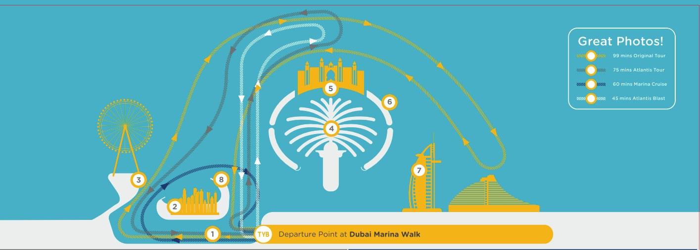 Yellow boat tour dubai map
